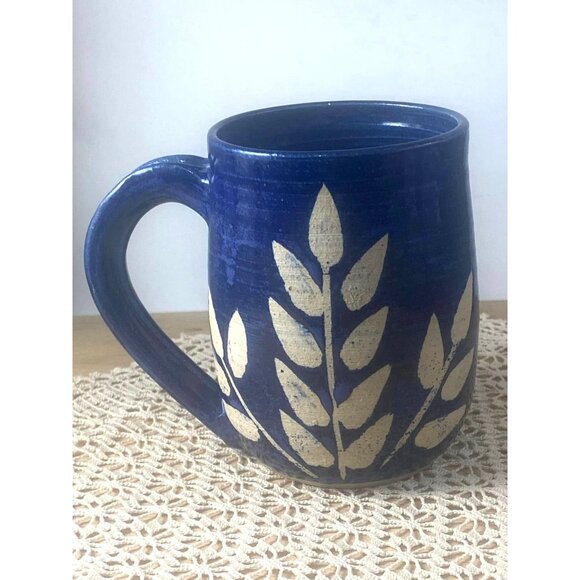 Handcrafted Blue Ceramic Mug With Gold Leaf Design By Contact Bridge 16 Oz - Picture 3 of 6